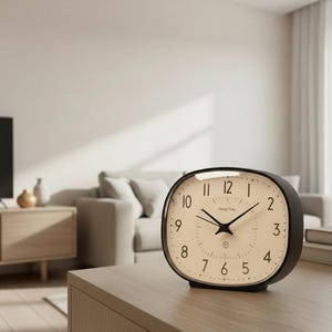 Könnte beinhalten: Ein schwarzer, ovaler Wecker mit cremefarbenem Zifferblatt, das schwarze Ziffern und Zeiger zeigt. Die Uhr, mit dem Text "Honey Time", steht auf einem Holztisch. Der Hintergrund zeigt ein Wohnzimmer mit Sofa und Schrank.