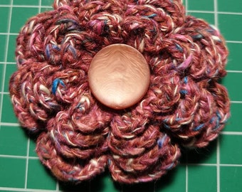 1396, Irish crochet flower brooch in rust brown with vintage button centre