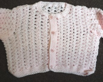 Hand crochet childs cardigan in pale pink, size 25 inch