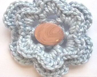 089, Irish crochet flower brooch in grey