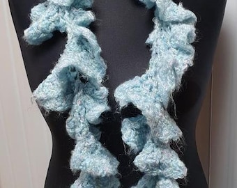 Crochet corkscrew boa in blue textured mohair