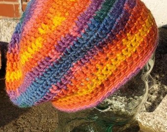 Crochet slouch hat in variegated bright colours (128)