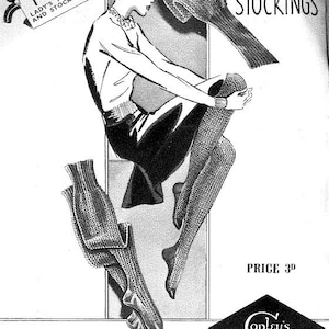 May include: A black and white illustration of a woman wearing a turban and stockings. The illustration is from a vintage knitting pattern leaflet. The text on the leaflet reads "Leaflet No. 1417 Lady's Turban and Stockings" and "Turban and Stockings". The price is listed as "Price 3d".