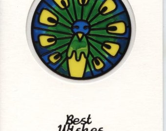 Best wishes card with glass painted peacock design
