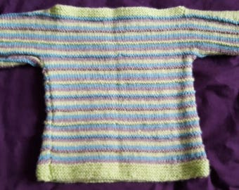 Hand knit childs jumper in  apple green and grey, size 21 inch