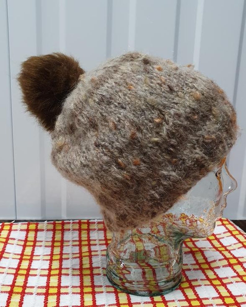 Knitted slouch beanie hat in brown tweed mohair yarn