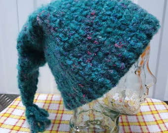 Crochet stocking cap in green faux mohair yarn (191)
