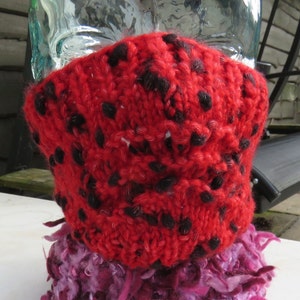 Hand knitted ski mask in scarlet red and black