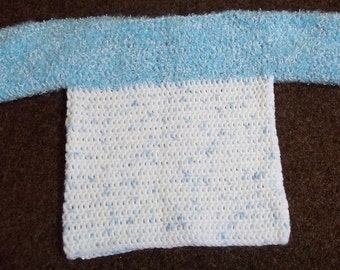 Crochet T shaped baby jumper in blue and white, size 17 inch