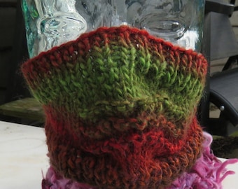Hand knitted ski mask in variegated red and green