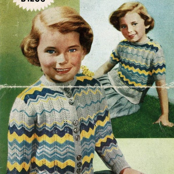 Vintage Girls feather and fan twinset, 4 to 8 years, 3ply, knitting pattern, 50s (PDF pattern) Weldons B1206