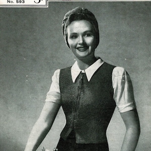 Vintage Ladies Waistcoat with or without sleeves, 35&quot;-38&quot; Bust, headscarf, 3ply, knitting pattern, 40s (PDF pattern) Bestway No 593