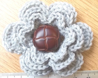 247, Irish crochet layered flower brooch in dove grey and brown leather centre