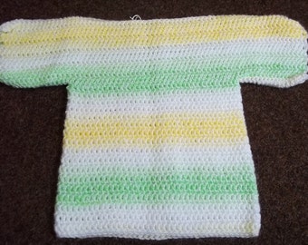 Crochet T shaped baby jumper in white, yellow and green, size 18 inch