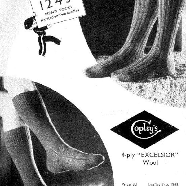 Vintage Mens socks, 4ply, knitting pattern, 40s wartime (PDF pattern) Copleys 1243