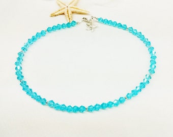 Aqua Blue Ankle Bracelet Aquamarine Starfish Anklet Crystal Anklet Beach Jewelry Silver Anklet  Ankle Jewelry Vacation Jewelry BuyAny3+1Free