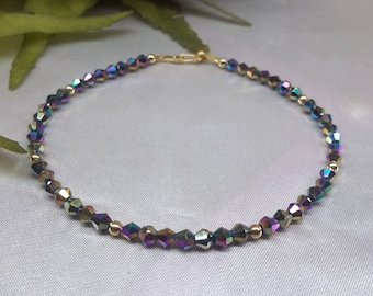 Solid 14kt Gold Anklet Black Rainbow Anklet Crystal Anklet Gift For Her Real 14kt Gold Anklet Girlfriend Gift Solid Gold Anklet BuyAny3+Get1