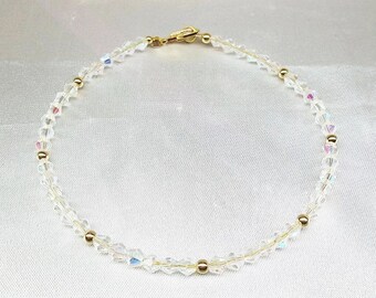 Solid 14kt Gold Anklet Clear Crystal Ankle Bracelet 14k Solid Gold Anklet Christmas Gift For Her Real Gold Anklet BuyAny3+Get1 Free