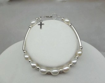 Girls Bracelet White Pearl Bracelet Baptism Bracelet Girls Cross Bracelet Adjustable Bracelet 925 Sterling Silver Bracelet BuyAny3+Get1 Free