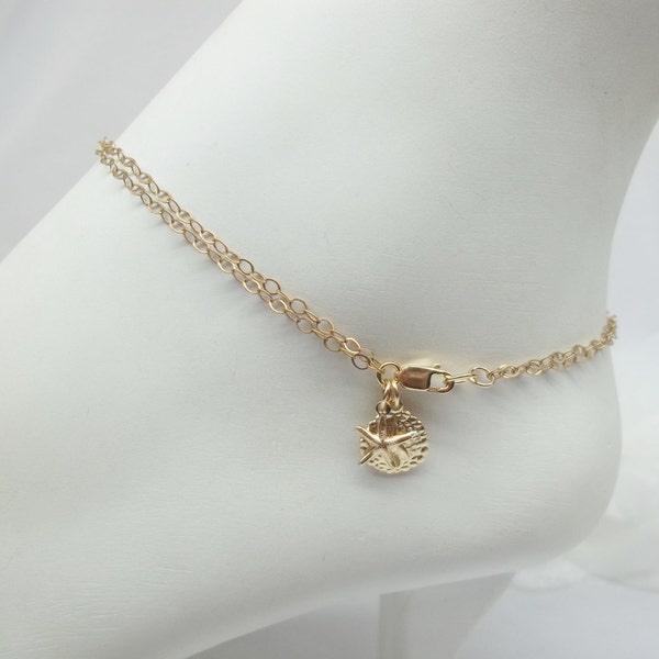 14k Gold Anklet Double Strand Gold Chain Anklet Gold Anklet Star Fish Sand Dollar Anklet 14k Gold Filled Anklet Beach Jewelry BuyAny3+1 Free