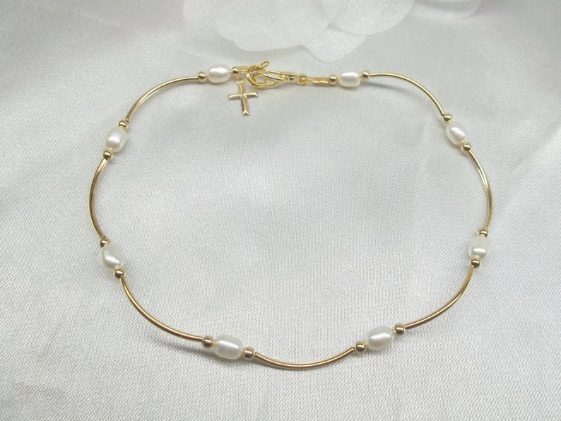 14k Gold Cross Anklet White Pearl Ankle Bracelet Freshwater White Pearl Anklet Easter Gift 14k Gold Filled Stamped GF 1/20 BuyAny31Free image 1