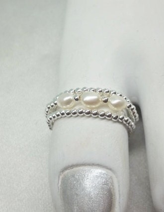 White Pearl Toe Ring Stackable Toe Ring or Thumb Ring Triple Rings ...