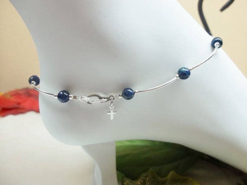 Blue Lapis Lazuli Anklet Blue Lapis Anklet Cross Anklet Sterling Silver Anklet Blue Lapis Ankle Bracelet Womens Anklet BuyAny3+Get1 Free