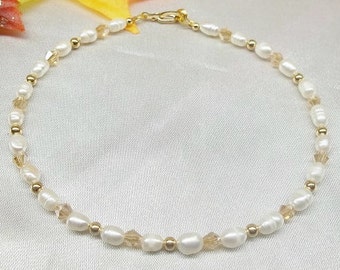 Solid 14kt Gold White Pearl Ankle Bracelet Solid 14k Gold Ankle Bracelet Real 14kt Gold Anklet 14k Gold Bracelet Christmas Gift BuyAny3+1Fre