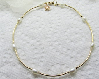 Gold Sea Turtle Anklet White Pearl Anklet White Pearl Ankle Bracelet 14k Gold Filled Ankle Bracelet Girlfriend Gift BuyAny3+1Free