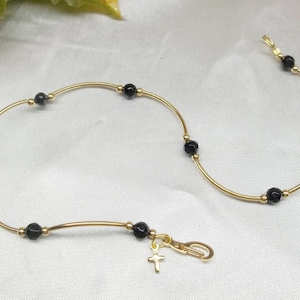 Faceted Black Onyx Anklet Gold Cross Ankle Bracelet 14k Gold Cross Anklet 14k Gold Anklet Gift For Her Gift for Girlfriend Buyany+Get1 Free