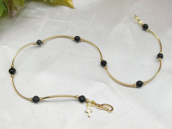 Faceted Black Onyx Anklet Gold Cross Ankle Bracelet 14k Gold Cross Anklet  14k Gold Anklet Gift For Her Gift for Girlfriend Buyany+Get1 Free