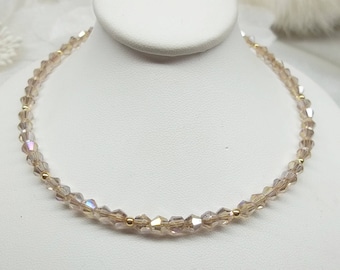 14k Solid Gold Necklace Champagne Crystal Necklace Solid 14kt Gold Crystal Champagne Necklace Girlfriend Gift For Her BuyAny3+get1free