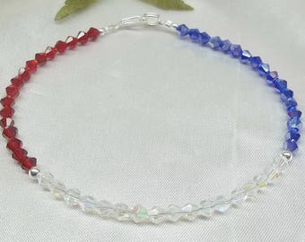 Patriotic Anklet 4th Of July Anklet Red White Blue Anklet Crystal Anklet Patriotic Ankle Bracelet Sterling Silver Anklet BuyAny3+1 Free