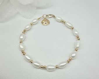 14k White Pearl Bracelet 14K Solid Gold Bracelet Solid 14k Gold Sand Dollar Bracelet 14kt Gold Bracelet Gift For Her BuyAny3+1Free