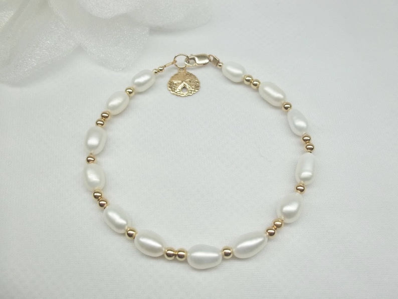 14k White Pearl Bracelet 14K Solid Gold Bracelet Solid 14k Gold Sand Dollar Bracelet 14kt Gold Bracelet Beach Wedding Bracelet BuyAny3+1Free