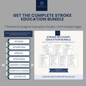 Pu&ograve; includere: Un pacchetto educativo digitale sull'ictus con 7 guide per pazienti e caregiver su 14 pagine stampabili. Il testo include titoli come Afasia, Disartria, Aprassia, Disfagia, Cambiamenti di memoria, cambiamenti cognitivi e aspirazione.