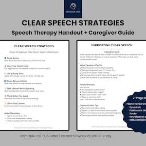 May include: A two-page speech therapy handout and caregiver guide titled "Clear Speech Strategies." The first page lists strategies to make speech easier to understand. The second page offers caregiver tips. The bundle is perfect for patients with Dysarthria, Parkinson's disease, Stroke, and other speech disorders.
