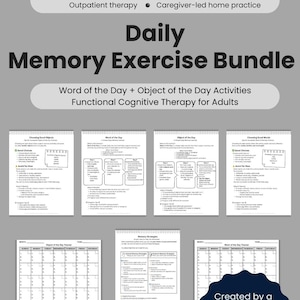 May include: A bundle of printable memory exercise worksheets for adults. The worksheets include daily memory exercises, word of the day, and object of the day activities. Created by a licensed speech-language pathologist.