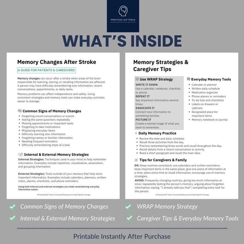 Pu&ograve; includere: Un documento educativo a due colonne intitolato WHAT'S INSIDE di Practical SLP Tools. Descrive i cambiamenti di memoria dopo un ictus, i segni comuni, le strategie interne ed esterne, la strategia WRAP, la pratica quotidiana e consigli per i caregiver.