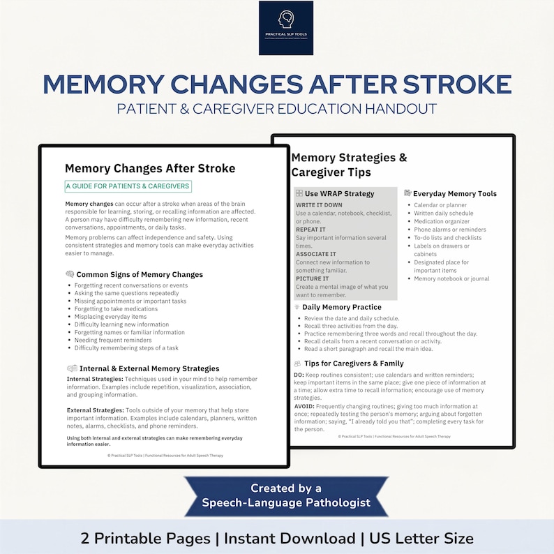 Pu&ograve; includere: Due dispense educative intitolate Memory Changes After Stroke, Patient & Caregiver Education Handout. Le pagine contengono testo sui segni della memoria, la strategia WRAP, strumenti di memoria quotidiani e consigli per caregiver e familiari.