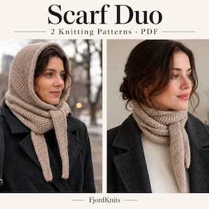 Puede incluir: Un documento PDF digital titulado Scarf Duo 2 Knitting Patterns de FjordKnits. La imagen muestra dos variaciones de una bufanda de punto beige con textura. Una versión se usa como capucha, mientras que la otra se envuelve alrededor del cuello.