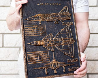 Aviation blueprint for AJS-37 Viggen pilots and fans - Naval Military Aircraft Schematic - Man Cave, office, home retirement gift for him