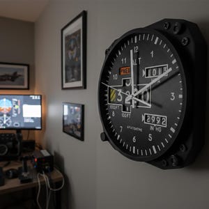 May include: Black aviation-themed wall clock with white numerals and hands. The clock face includes the text "ALT", "PNEU", "1013", "2992 IN HG", and "AVIATIONTIME". The clock is mounted on a gray wall.