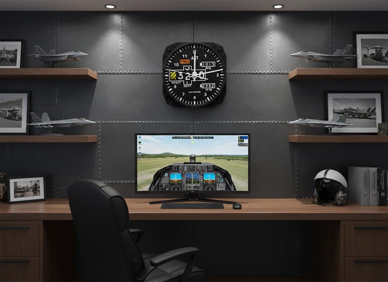 May include: A home office setup with a desk, chair, and computer displaying a flight simulator. Above the desk, a black aviation-style clock hangs on a gray wall, flanked by model airplanes and framed photos. The room has a pilot theme.