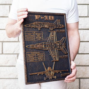 May include: A rectangular, bronze-coloured plaque featuring a detailed relief of an F-18 fighter jet. The plaque includes diagrams and specifications such as "Max Speed Mach 1.6" and "Altitude 15,240 m."