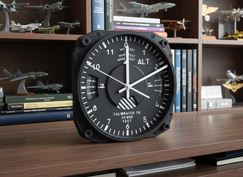 Pilot gift wall clock modeled after a Cessna aircraft cockpit altimeter. This aviation decor features realistic flight instrument details, a black bezel, and white dial lettering and clock hands.