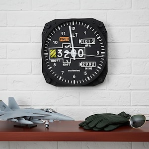 May include: Aviation-themed decor featuring a black altimeter clock, a model jet, green gloves, and aviator sunglasses. The clock displays numbers and markings, including "3200" and "1000 FT". The items are arranged on a dark brown shelf against a white brick wall.