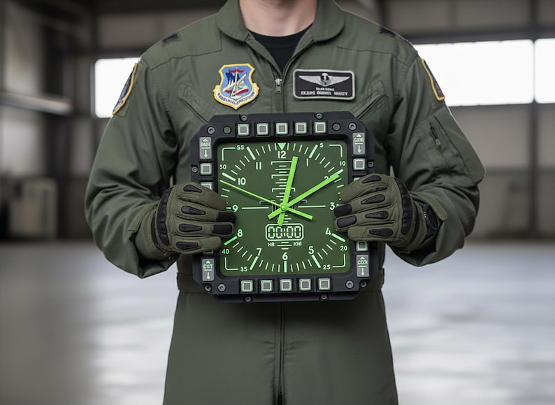 Fighter jet pilot wall clock in the style of a MFD (multi function display). Square black housing with light grey buttons and green lcd displaying time.