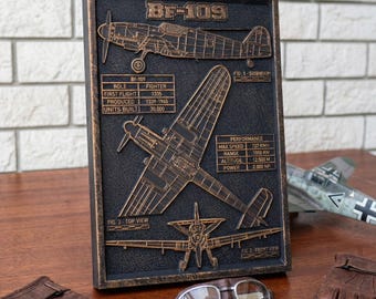 Aviation wall art | Pilot gifts | Bf-109 Luftwaffe 3D blueprint relief | Carved aircraft plaque