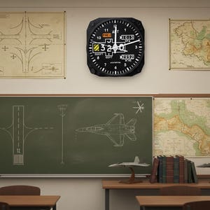 May include: A black aviation-themed clock with white markings hangs on a wall. The clock face displays numbers and indicators. The background includes aviation diagrams, maps, and a chalkboard with aircraft drawings. The scene evokes a classroom setting.